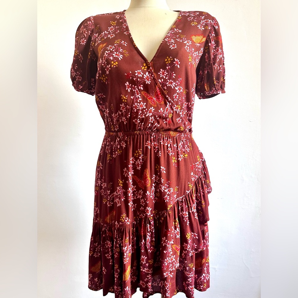 MADEWELL Ruffle-Wrap Dress in Windowbox Floral Butterfly Rich Burgundy 6